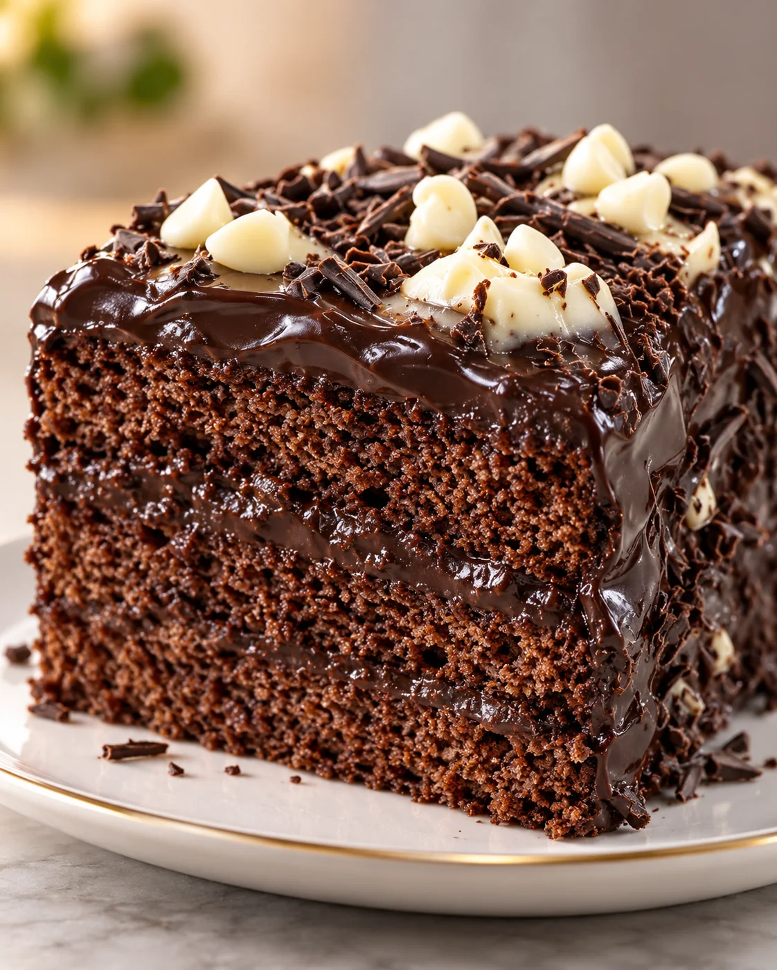 Chocolate Toffee Truffle Cake slice showing moist chocolate layers